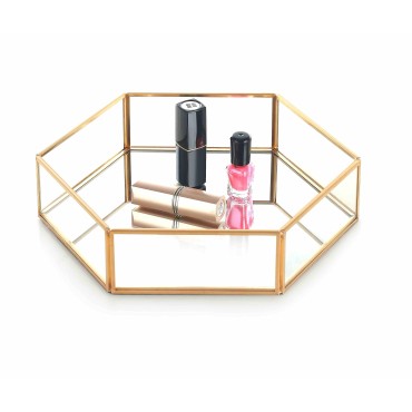 PinkBoss Glass Makeup Tray Handmade Perfum Mirror Storage for Vanity (Gold)