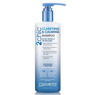 GIOVANNI 2chic Clarifying & Calming Shampoo - Clarifying Shampoo for Build Up, Helps Remove Residue, Lemon Balm & Squalane Balance & Hydrate, Detox Shampoo, Sulfate Free, Color Safe - Wintergreen & Blue Tansy, 24 oz