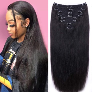 Straight Human Hair Clip in Hair Extensions for Black Women 100% Unprocessed Full Head Brazilian Virgin Hair Natural Black Color,8/Pcs with 18Clips,120 Gram (26inch, Straight hair)