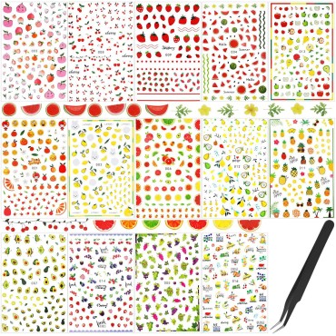 Leelosp 14 Sheets Summer Nail Art Stickers Decals with Tweezers 3D Self-Adhesive DIY Nail Art Decoration Summer Fruit Nail Sticker Tropical Fruit Nail Art Decal for Women Little Girls Nail Decoration