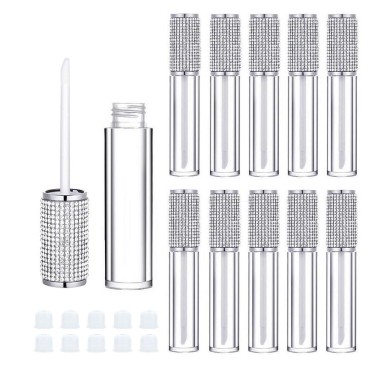 AJLTPA 10 Pack Crystal Rhinestone Lip Gloss Wand Tubes, 5ml Empty Lip Gloss Containers, Lipgloss Lip Balm Bottles with Rubber Stoppers for DIY Lip Glaze Balm Cosmetic Business (Silver Diamond)