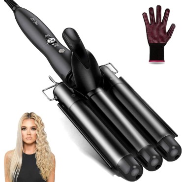 Hair Waver, 1 Inch 3 Barrel Curling Iron Wand 25mm Hair Crimper, Temperature Adjustable Heat Up Quickly Beach Waves Curling Iron Black