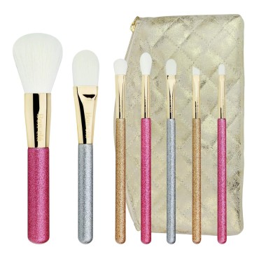 Bon-clá, Glittery Essential Brush Set 7 PCS with Travel Makeup Pouch, for Powder Brush, Foundation Brush,Crease Brush, Concealer Brush, Shadow Brush, Angled Liner Brush, Lip Brush