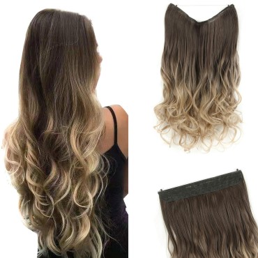 GIRLSHOW Hair Extensions with Invisible Wire Transparent Headband Synthetic 20 Inch 4.4 Oz Wavy Curly Adjustable Size No Clip Hairpieces for Women (Medium Brown Ombre Light Ash Brown -#263A, 20 Inch)