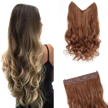 GIRLSHOW Hair Extensions with Invisible Wire Transparent Headband Synthetic 20 Inch 4.4 Oz Wavy Curly Adjustable Size No Clip Hairpieces for Women (Light Auburn -#42, 20 Inch)