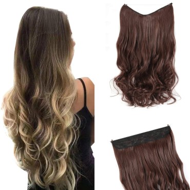 GIRLSHOW Hair Extensions with Invisible Wire Transparent Headband Synthetic 20 Inch 4.4 Oz Wavy Curly Adjustable Size No Clip Hairpieces for Women (Dark Auburn -#39, 20 Inch)