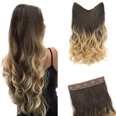 GIRLSHOW Hair Extensions with Invisible Wire Transparent Headband Synthetic 20 Inch 4.4 Oz Wavy Curly Adjustable Size No Clip Hairpieces for Women (Dark Brown Ombre Sandy Brown -#259, 20 Inch)