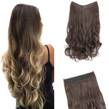 GIRLSHOW Hair Extensions with Invisible Wire Transparent Headband Synthetic 20 Inch 4.4 Oz Wavy Curly Adjustable Size No Clip Hairpieces for Women (Dark Brown & Dark Auburn Mixed -#109, 20 Inch)