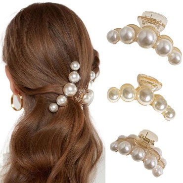 Urieo 3PCS Large Pearl Hair Claw Clips Nonslip Acrylic Hair Barrette Jaw Clamp for Thick Hair Strong Hold Hair Clip Hair Accessories for Women and Girls