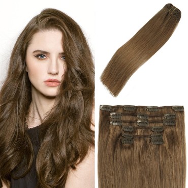 Clip In Hair Extensions Human Hair Ash Brown 18Inch 70g #8 7PCS Hair Extensions for women for Brown Hair Remy Hair