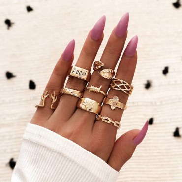 Xerling 9Pcs Letter Signet Knuckle Rings Heart Leaf Rings Flower Antlers Distorted Finger Ring Set for Women Girls Gold Joint Knuckle Ring Pack
