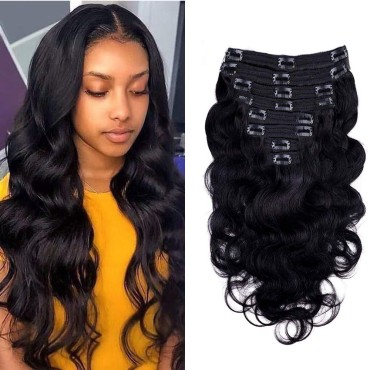 Body Wave Clip in Hair Extensions for Black Women Body Wave Human Hair Clip in Hair Extensions Natural Black Color Full Head Brazilian Virgin Hair?8/Pcs with 18Clips,120 Gram (22inch, Body hair)