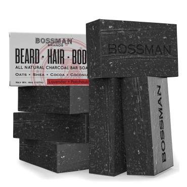 6 Pack Bossman Men’s Bar Soap 4-in-1 - Natural Organic Beard Wash, Shampoo, Body Wash, Shaving and Bath Soap - Essential Beard Care, Scent- Lavender and Patchouli