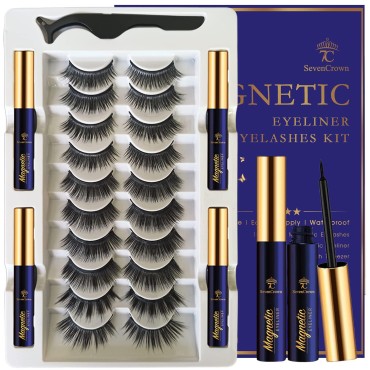 3D Magnetic Eyelashes with Eyeliner Kit - 7C SevenCrown Magnetic Lashes Natural Looking with Upgraded 4 Tubes of Magnetic Liner Waterproof, Long Lasting,10 Pairs Reusable False Eyelashes Easy to Apply.
