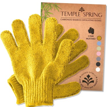 Temple Spring Exfoliating Gloves - Bamboo Bath/Shower Gloves, Bath Gloves for Shower Exfoliating and Ingrown Hair/Dead Skin Remover - Mustard Yellow - Exfoliator Mitt Scrub Gloves
