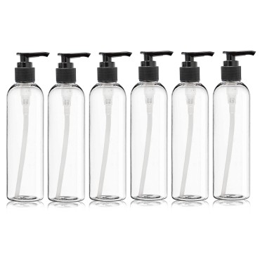 ljdeals 8 oz Clear Plastic Bottles, Empty Pump Bottles, Refillable Containers for Shampoo, Lotions, Cream and More, 6 Pack, BPA Free, Made in USA