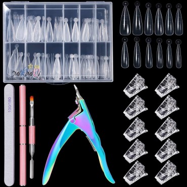 MIKIMIQI Dual Nail Forms Set Poly Gel Quick Building Nail Kit, 120Pcs Stiletto Gel Nail Molds with 10Pcs Nail Tips Clips, Nail Tips Clipper Trimmer, Dual-Ended Poly Extension Gel Brush, Nail File