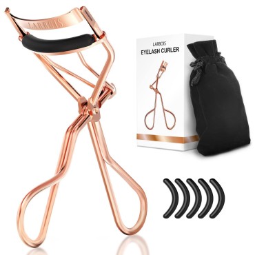 Larbois Eyelash Curler with 5 Extra Refill Pads ? Velvet Bag, Professional Eye Lash Curler No Pinching, No Pain and No Pulling, Make up Tool for Perfect Curl in Seconds (Rose Gold)