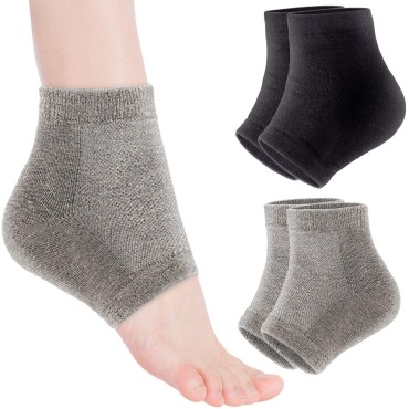 Moisturizing Heel Socks, 2 Pairs Toeless Socks Gel Lined Spa Socks for Dry Heels Treatment Cracked Heel Repair (Black/Grey)