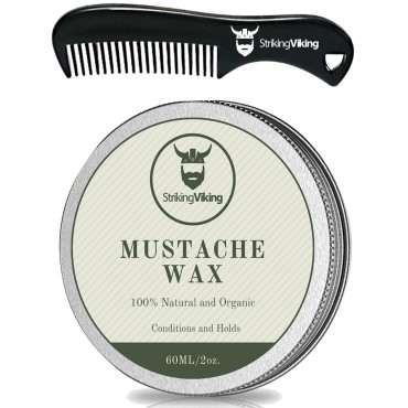 Striking Viking Mustache Wax and Comb Kit - Beard and Moustache Wax for Men with Strong Hold Natural Beeswax - Helps Tame, Style, and Groom (Vanilla Scent, 2 Ounce Size)