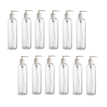 Natural Farms 12 Pack - 8 oz -Clear Cosmo Plastic Bottles - White Pump - for Essential Oils, Perfumes, Cleaning Products