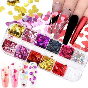 12 Colors Heart Holographic Nail Glitter Sequin Accessories Colorful 3D Heart Nail Flakes Powder UV Gel Polish Acrylic Design for Women Girls Manicure Tips False Nails Supplies Kit Decorations