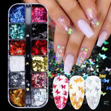 12 Colors Butterfly Nail Art Stickers Butterflies Nail Glitter Sequins 3D Art Accessories Butterfly Shape Flakes Powder Holographic Gold Red Pink Butterflies Sequins Design Acrylic Nails Supply Kit