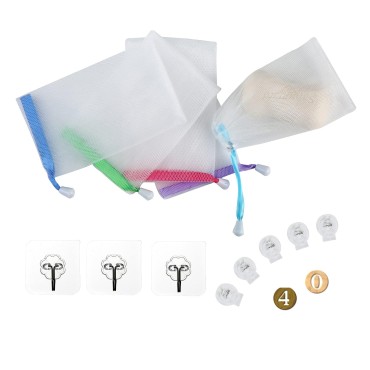 40PCS Exfoliating Soap Mesh Saver Pouch Bag and 3 PCS Transparent Hook and 5 PCS Transparent Spring Cord Plastic Lock for Shower Face Washing,Easy to Bubble and Store Small Soap