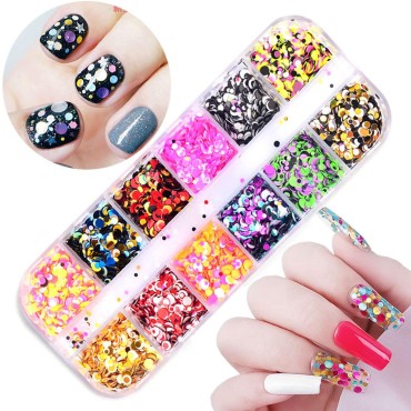 12 Colors Laser Mixed Circle Nail Glitter Sequins 3D Nail Art Accessories Holographic Round Shape Flakes Nail Art Design Acrylic Nails Supplies Women Manicure Beauty Decor DIY Crafts Decorations