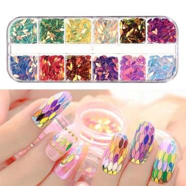 12 Colors Horse Eye Nail Sequins 3D Ultra-Thin Flakes Colorful Glitter Stickers Holographic Laser Shiny Nail Art Design for Nail Art Decoration Women Girls Manicure DIY Glitters Nail Art Supplies