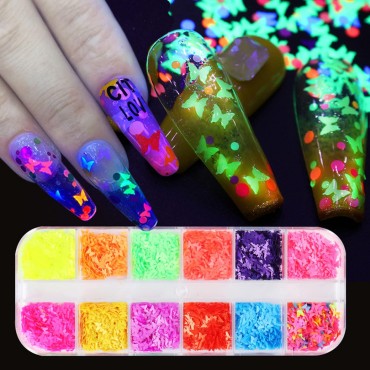 12 Colors 3D Butterfly Nail Sequins Luminous Butterflies Nail Art Design Holographic Butterflies Shape Flakes for Nail Decorations Sparkle Colorful Confetti Glitters Sheets Nails Art Accessories