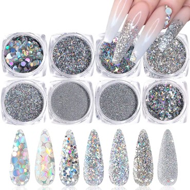 Holographic Nail Sequin Glitter Accessories Colorful 3D Glitter Flakes Nail Supply Acrylic Flakes Designs False Nails Manicure Tips Kit for fingernail toenail Nail Glitter Art Decorations (8 Boxes)
