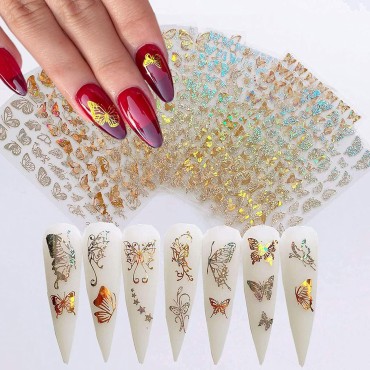 8 Sheets Butterfly Nail Art Adhesive Sticker Laser Craft Glitter Gold and Sliver Butterflies Shapes Nail Art Design Nail Art Decoration Nail Foils 3D Luxury Butterfly Stickers for Acrylic Nails