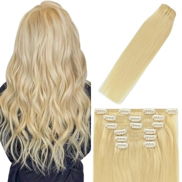 Clip in Hair Extensions Bleached Blonde For Women 20Inch Soft Human Remy Hair Extensions Clip Ins 9A Grade #613 70g 7PCS