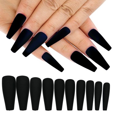 AddFavor 100pcs Coffin Fake Nails Full Cover Long Press on Nails Pure Color Matte Acrylic False Nail Tips for Women and Girls (Black)