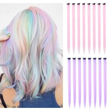 16Pcs Kids Purple Color Clip in Hair Extensions 20inch Colored Party Clip on in Hairpieces Ombre Purple Synthetic Colorful Straight Multi-Colors Hair Streak for Girls(Light Pink+light Purple)
