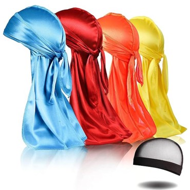 4PCS Silky Durags, Silk Durag for Men Women Waves, Silk Durag Pack with 1 Wave Cap, Silky Satin Durag Extra Long Tails(Red, Yellow, Sky Blue, Orange Red)