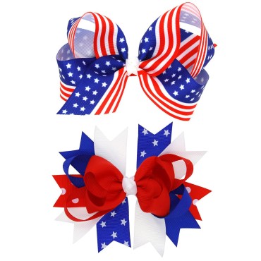 American Flag Hair Bow Clips For Girls,2 Pack Patriotic Independence Day Alligator Hair Pins Flower Hair Accessories for fourth of july