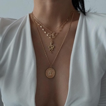 Xerling Gothic Snake Necklace Portrait Coin Pendant Necklace Cute Butterfly Pendant Necklace for Women Girls Boho Snake Pendant Necklace (Silver)