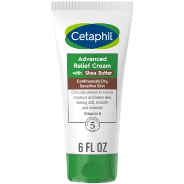 Cetaphil Advanced Relief Cream with Shea Butter, 6 oz, For Continuously Dry, Sensitive Skin, 48 Hour Hydration, All Skin Tones & Types, Hypoallergenic, Fragrance Free