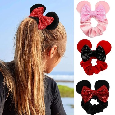 JOYFISCO 3 Pack Mouse Ears Scrunchies Velvet Hair Scrunchies Sequin Bows Hair Ties Hair Bands Ponytail Holder Hair Accessories for Women Girls