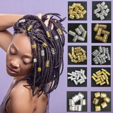 Flosius 100 PCS Iron Dreadlock Beads Metal hair jewelry for Women Braids Gold Hair Accessories Silver Hair Rings Adjustable Cuffs Braiding Hair Decoration Clips (B)