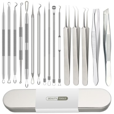 Pimple Popper Tool Kit, Blackhead Remover Tools, 16 PCS Professional Stainless Tweezers Acne Comedone Extractor Pimple Needle Tool for Blemish Whitehead Ingrown Hair Cyst Removal Beauty Tools for Face