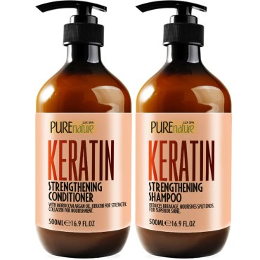 Keratin Shampoo and Conditioner Set - Sulfate Free, Moisturizing Treatment for Men and Women - Hair Thickening Product for Volume and Shine - With Moroccan Argan Oil