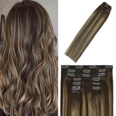 Clip in Hair Extensions Human Hair Chocolate Brown To Dark Blonde Ombre Highlights for Brown Hair 15Inch 70g #4T27P4 Remy Hair 7PCS