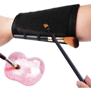 Bling Toman Cosmetic Brush Switch Armband Cleaner Arm Sponge And Silicon Makeup Brush Cleaning Mat 2 in 1 Set (black&pink)