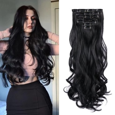 Clip In Hair Extensions Long Wavy 7 PCS Invisible Clip Thick Hairpieces Black Hair Piece Soft Full Head Synthetic Fiber for Women, 22 Inches (Natural Black#)