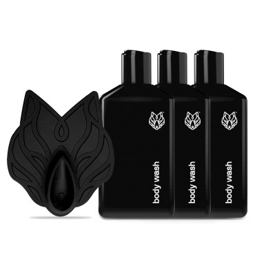 Black Wolf Skincare with Scrubber Gift Set for Men, Body Acne System - Shower Set with 10 Fl Oz, 3 Pack Charcoal Powder & Salicylic Acid for All Skin Types - Rich Lather for Coverage & Deep Clean