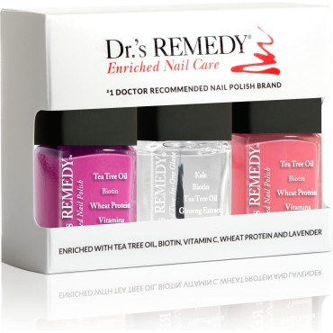 Dr’s Remedy 3 Pack Nail Polish Kit, Rise and Shine Trio, All Natural Enriched Nail Strengthener Non Toxic and Organic - TOTAL Two-in-One/SERENE Salmon/MAGNIFICENT Magenta