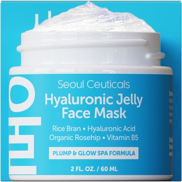 SeoulCeuticals Korean Skin Care Hyaluronic Acid Jelly Face Mask - Rice Bran + Vit B5 + Rosehip Anti Aging K Beauty Skincare for Plump Glowing Skin 2oz